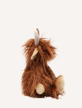 Henry The Highland Cow, by Nana Hutchy, is a soft toy that looks like a shaggy brown highland cow with long hair, beige hooves, horns, and a smiling face. This children's soft toy sits upright against a plain white background and is perfect for cuddles and play.