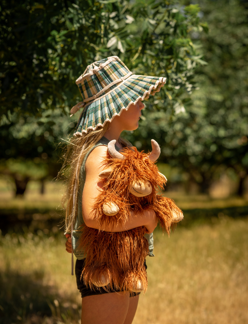 Henry The Highland Cow, by Nana Hutchy, is a soft toy that looks like a shaggy brown highland cow with long hair, beige hooves, horns, and a smiling face. This children's soft toy sits upright against a plain white background and is perfect for cuddles and play.