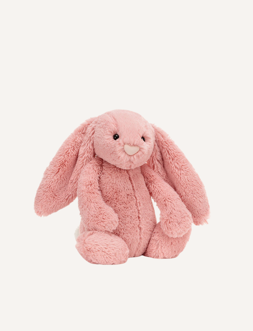 Introducing the Bashful Bunny by Jellycat, a charming plush toy shaped like a beige rabbit with long, floppy ears. This endearing bunny features a pink nose and inner ears, along with a content expression on its face. Made with Jellycat's signature soft fur, Bashful Bunny is posed sitting upright against a plain white background—making it the perfect gift!