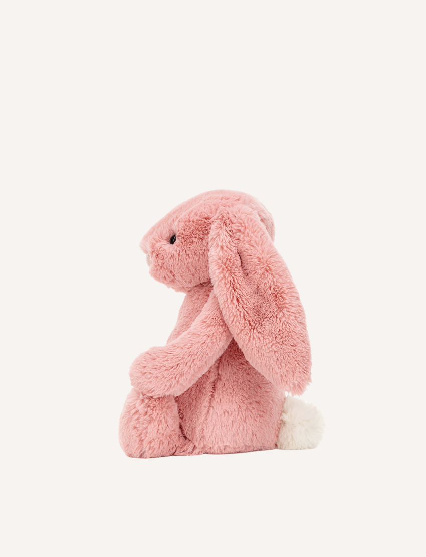 Introducing the Bashful Bunny by Jellycat, a charming plush toy shaped like a beige rabbit with long, floppy ears. This endearing bunny features a pink nose and inner ears, along with a content expression on its face. Made with Jellycat's signature soft fur, Bashful Bunny is posed sitting upright against a plain white background—making it the perfect gift!