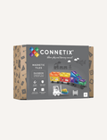 A Connetix Rainbow Transport Pack 50-Piece box from Connetix Tiles features magnetic tiles with vibrant imagery, arranged in a train formation. The packaging showcases icons that highlight various features and indicate suitability for children aged 3 and up.