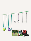 Introducing the Slackers Swingline: a versatile setup featuring two swings in vibrant green and purple, rings, and a trapeze bar, all connected to a slackline. The set comes complete with a sturdy box, an instruction manual for easy assembly, and a convenient backpack for effortless storage.