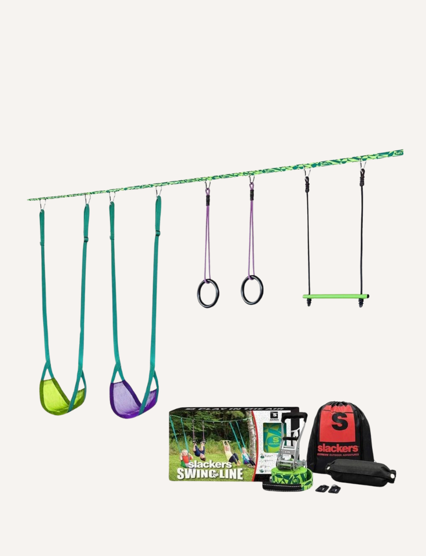 Slackers Swing Line with multiple hanging elements: two swings, rings, and a trapeze bar. Includes accessories.
