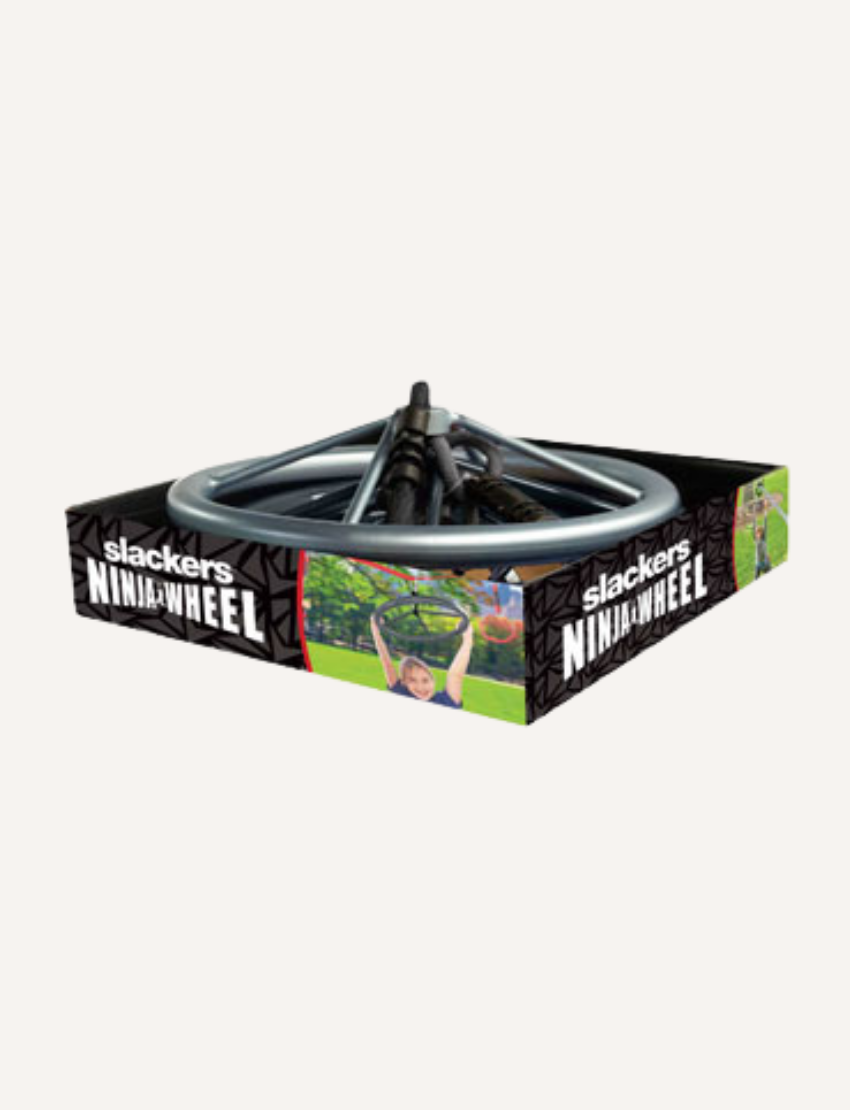 A product box labeled "Ninja Wheel" by Slackers is displayed, showcasing images of children using the wheel outdoors. The wheel features a metal frame with a black grip.