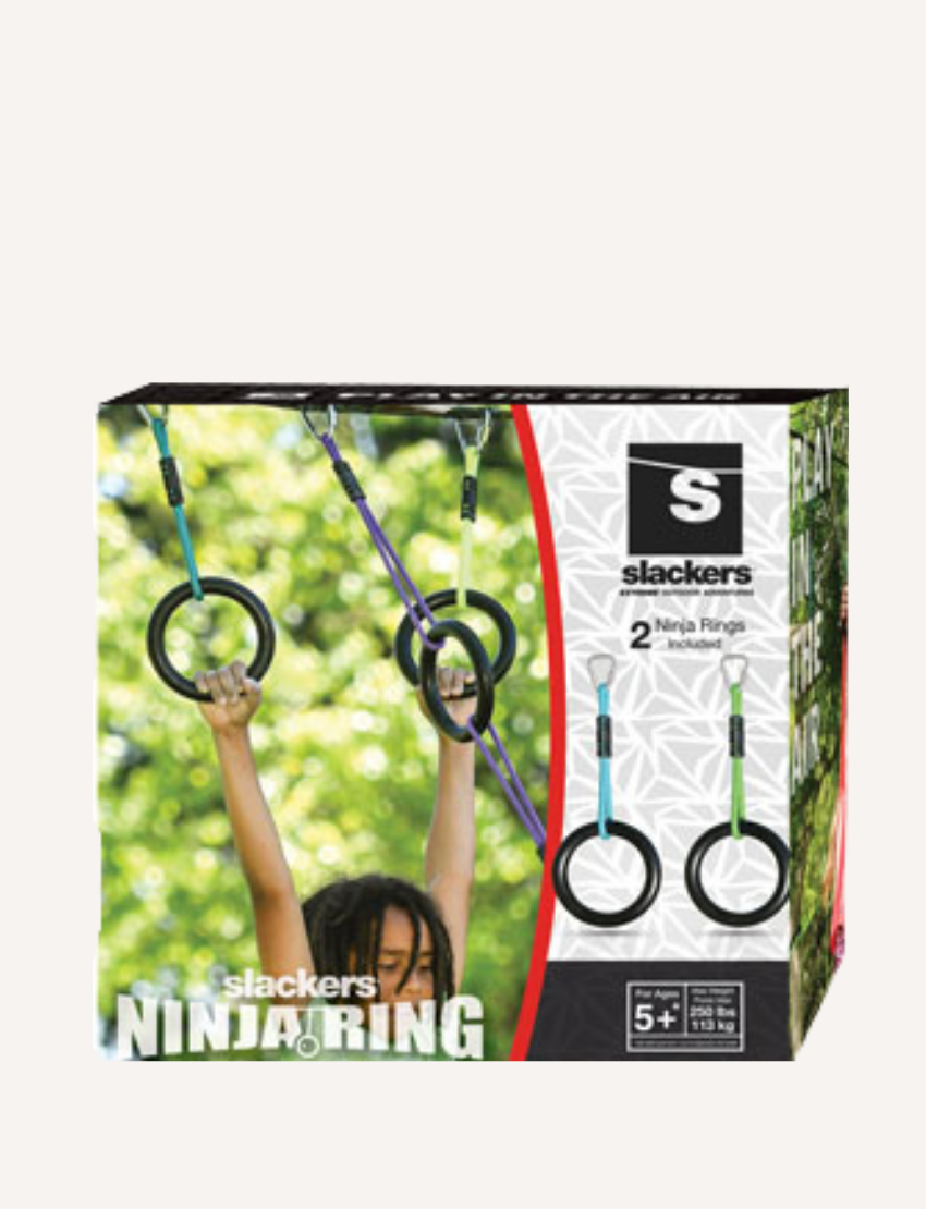 The image depicts the packaging for Slackers' Ninja Rings - set of 2. The box showcases a child hanging from two black rings connected to vibrant straps. It is marked as suitable for ages 5 and up and includes the set of two ninja rings.