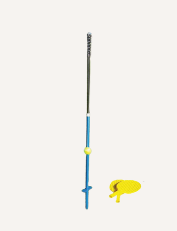 On the left, there is a blue and silver tetherball pole featuring a yellow ball secured by a string. On the right, you can see a textured-surface yellow toy paddle from the Buffalo Sports Paddle Tennis Set. Both products are displayed against a plain white background.