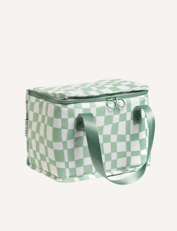 The IZIMINI Lunch Bag is a rectangular insulated bag showcasing a green and white checkerboard pattern. It includes a green handle and a zippered top, all set against a plain white background.