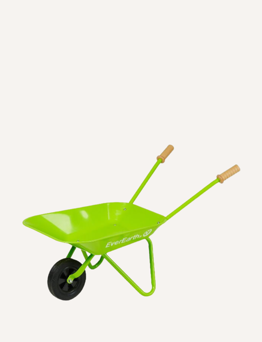 The EverEarth Wheel Barrow in a bright green design with a black wheel and wooden handles features the logo on a white background. A delightful addition to any garden set, it invites children to explore nature through outdoor play.