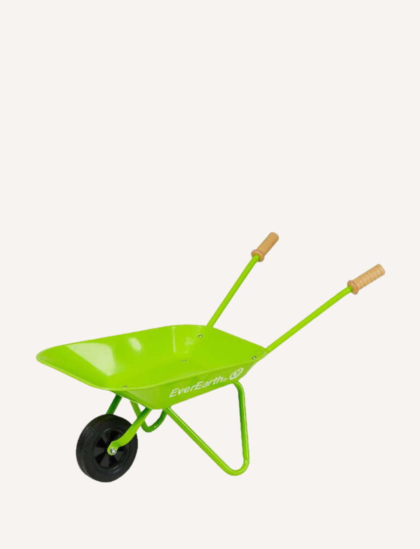 Bright green metal toy wheelbarrow with wooden handles on a white background.