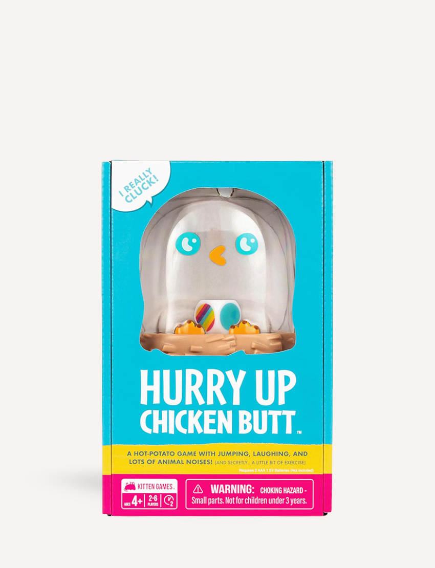 The packaging of the "Hurry Up Chicken Butt" game by Jedko Games showcases a playful cartoon chicken and emphasizes gameplay that involves jumping and laughter. The box includes a warning about potential choking hazards and is suitable for children ages 4 and up.