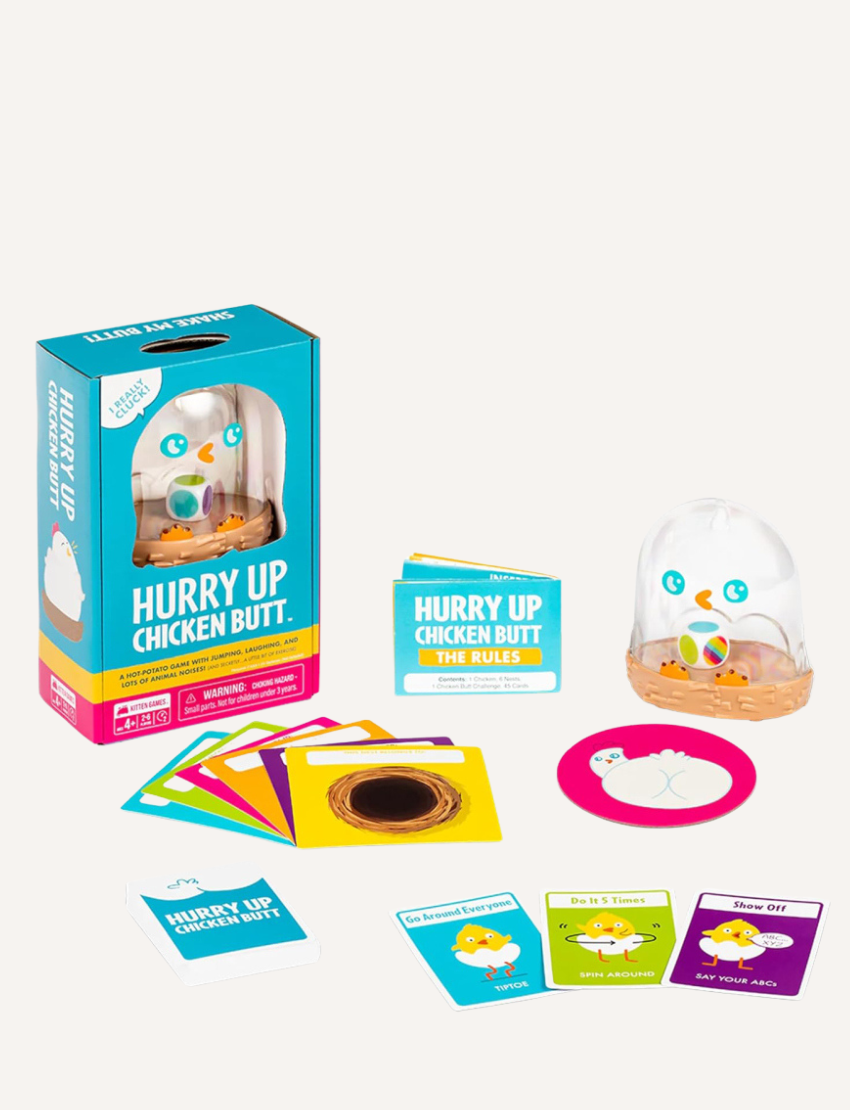 The packaging of the "Hurry Up Chicken Butt" game by Jedko Games showcases a playful cartoon chicken and emphasizes gameplay that involves jumping and laughter. The box includes a warning about potential choking hazards and is suitable for children ages 4 and up.