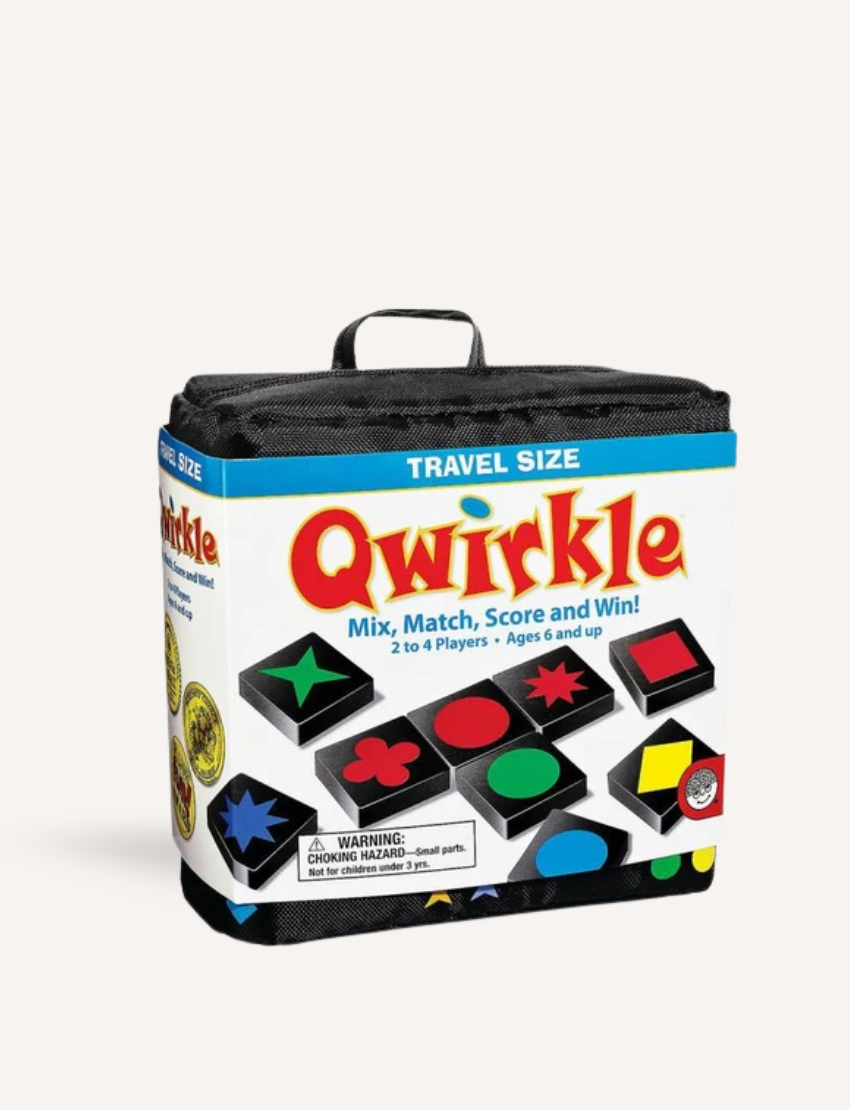 A compact version of the Qwirkle board game, branded by Jedko Games, showcases vibrant tile patterns on the box front along with the phrase "Mix, Match, Score and Win! Suitable for 2 to 4 players aged 6 and up." A caution about choking hazards is prominently displayed.