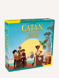 The image shows the back of a Settlers of Catan Junior board game box by VR Distribution, with a game description, components list, and a visual of the game board. The design is mainly green with pirate-themed illustrations.