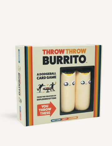 The image depicts the packaging for VR Distribution's "Throw Throw Burrito" game. The front of the box features two cartoon-faced toy burritos and text that describes it as a dodgeball card game ideal for 2-6 players aged 7 and up.