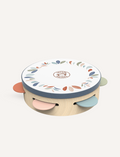 A Speedy Monkey tambourine crafted from wood, featuring vibrant metal jingles and a decorative top adorned with leaf designs in soft pastel shades, set against a plain white background.