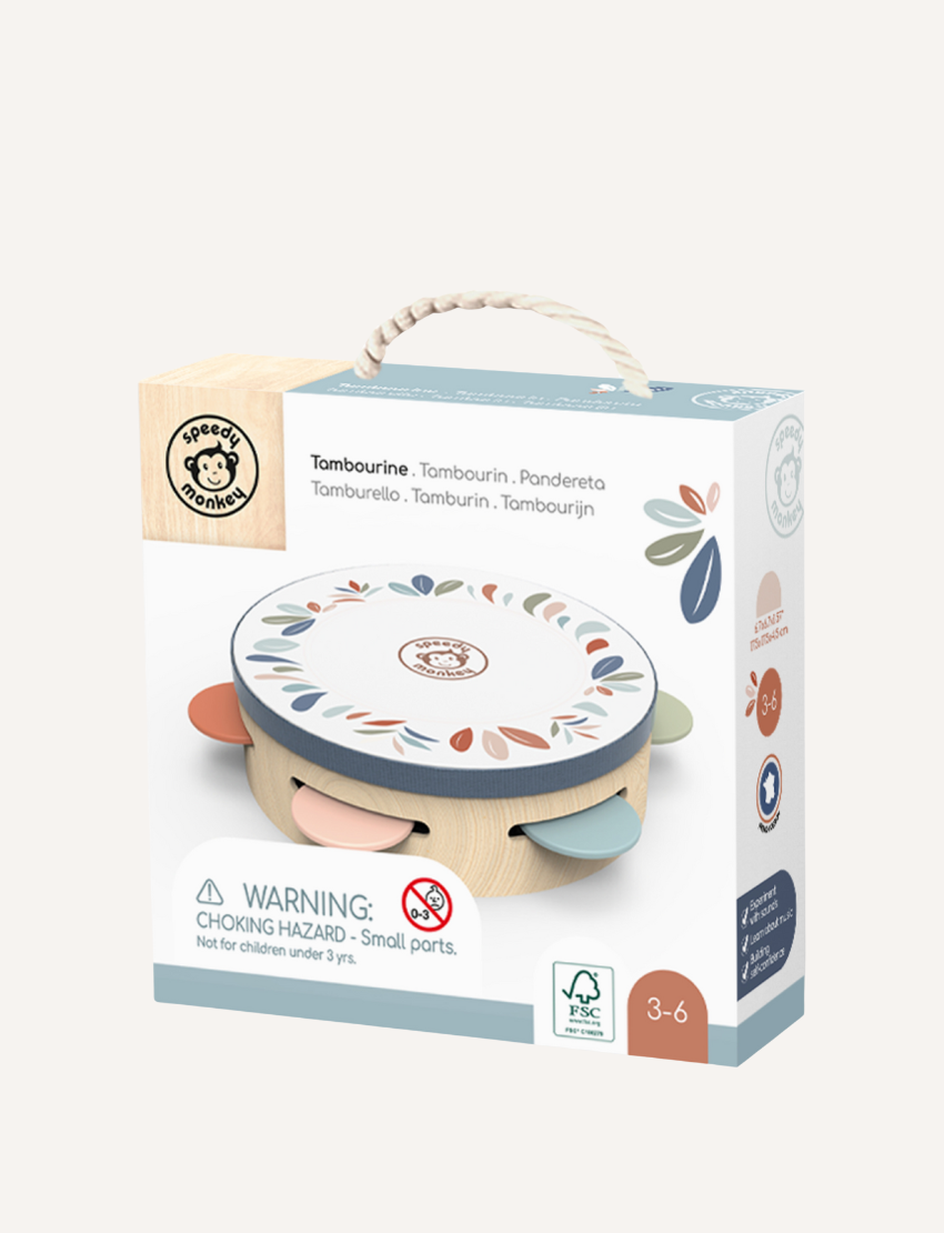 A Speedy Monkey tambourine crafted from wood, featuring vibrant metal jingles and a decorative top adorned with leaf designs in soft pastel shades, set against a plain white background.