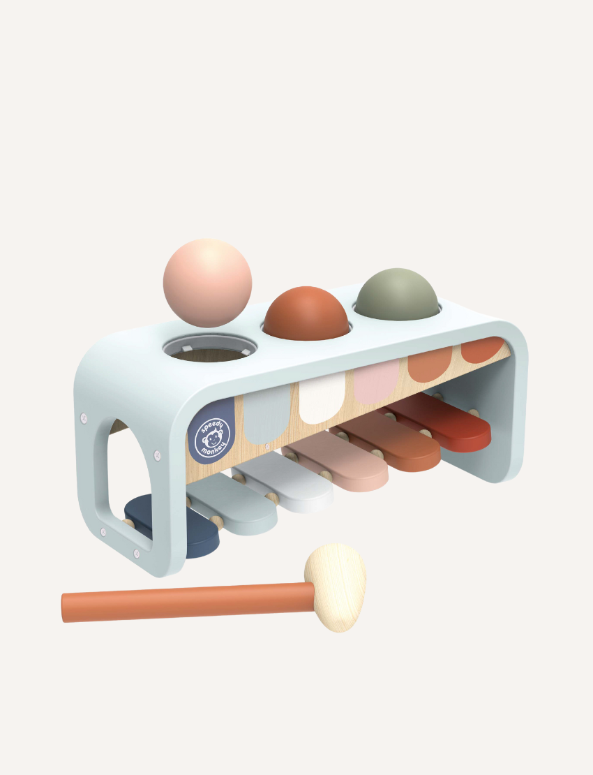 Wooden XyloBench TapTap Xylophone musical toy with colorful keys and balls for toddlers.