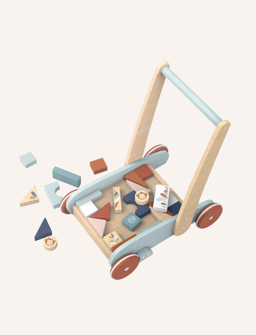 The Speedy Monkey Block Walker - 27 blocks is a charming wooden toy cart made from sustainably sourced wood, featuring four red wheels and filled with colorful geometric building blocks, such as triangles, squares, rectangles, and circles. The light blue handle complements the cart's sides, making it perfect for playtime adventures.