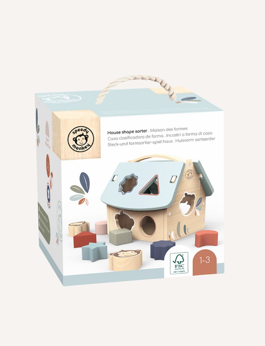 The Speedy Monkey House Shape Sorter with 8 blocks is a charming wooden toy, designed as a house and made from sustainably sourced wood. It includes vibrant geometric blocks such as stars, circles, and squares. The house features a blue roof with cut-out shapes and a convenient carry handle, ensuring both enjoyable and eco-friendly playtime for early learners.