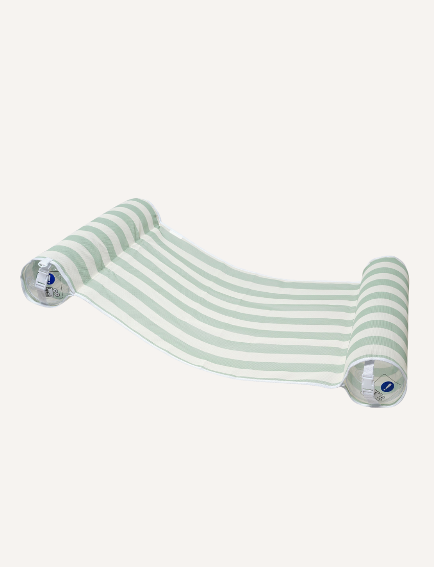 The Sunnylife Hammock Float, a green and white striped inflatable lounger with PVC durability, includes two cylindrical pillows and doubles as a mesh hammock for ultimate relaxation by the pool. Set against a plain white background, it's your ideal companion for unwinding in style.