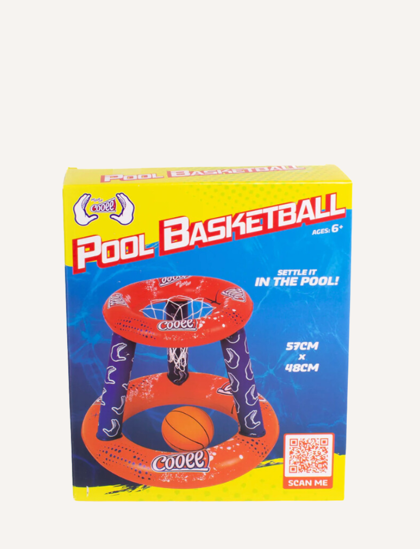 The vibrant packaging featuring "Pool Basketball" by Cooee hints at exciting poolside entertainment. It displays an image of a floating hoop and basketball, with text indicating "Pool Basketball," "Ages 6+," and dimensions of "57CM x 48CM." A QR code can also be found near the bottom right corner.