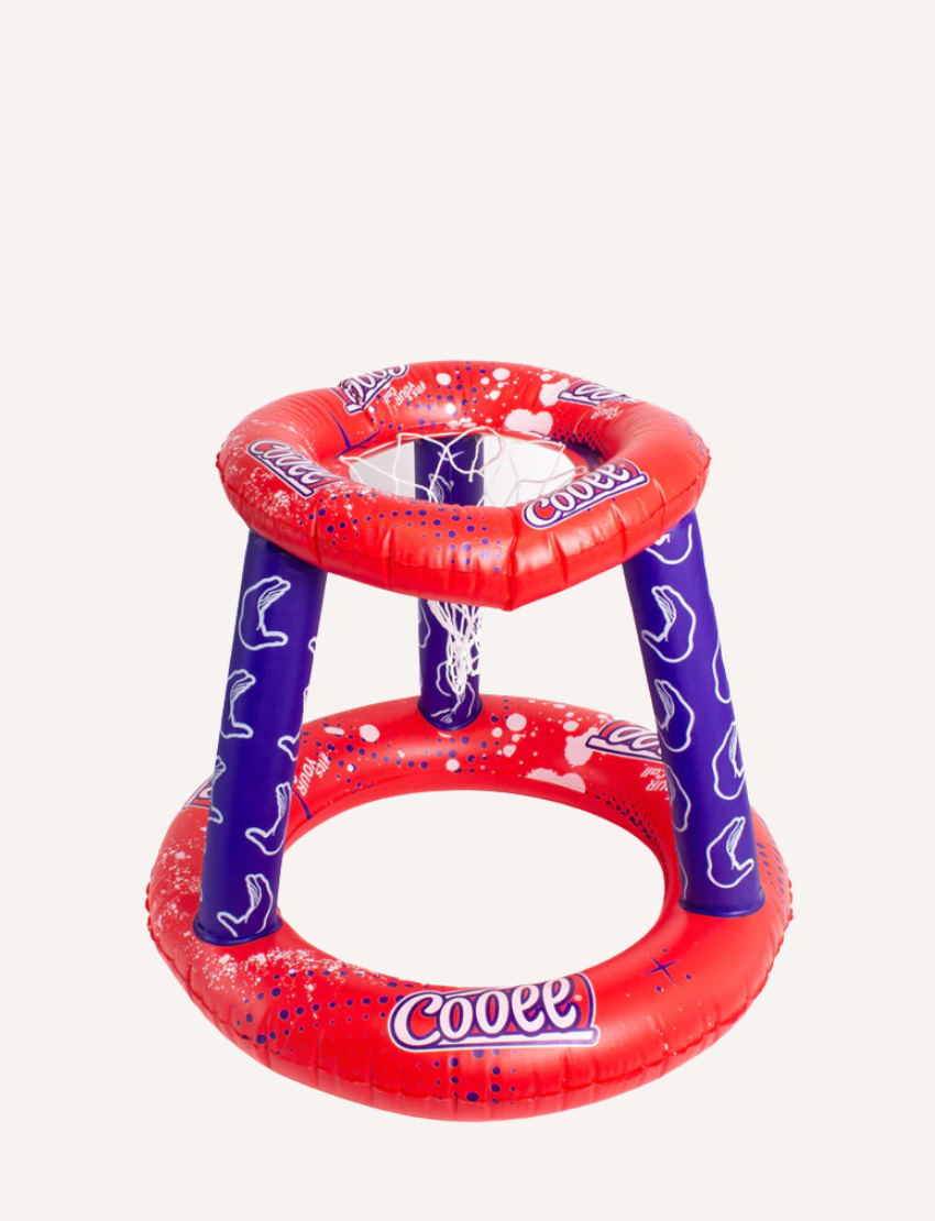 Inflatable red and blue pool basketball hoop by Cooee with a playful pattern.