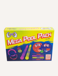 Introducing the Mega Pool Pack - 11 Piece Pack by Waboba, a vibrant assortment of toys that includes two catching mitts with a ball, five batons, two rings, and two juggling pins. Each item showcases bright patterns in red, blue, yellow, and pink.