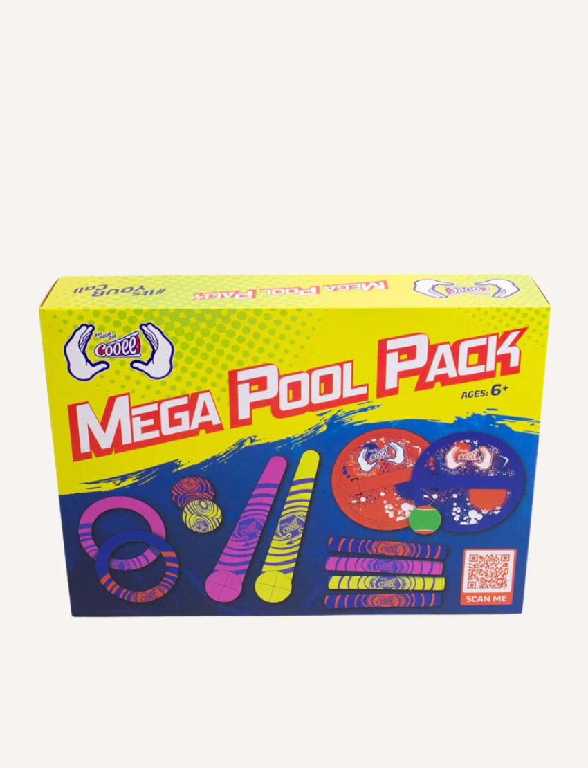 Mega Pool Pack box, featuring colourful water toys and QR code.