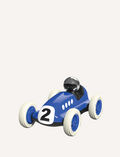 An illustration depicts a person in a blue, vintage-style race car wearing a black helmet. The UK-designed Verve Loretino Monaco by Playforever features large white tires branded with 