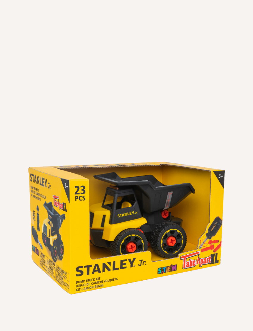 A Stanley Jr. Take Apart Construction Vehicles dump truck toy in yellow and black comes in a yellow box. The 23-piece set is ideal for young builders aged 3 and up.