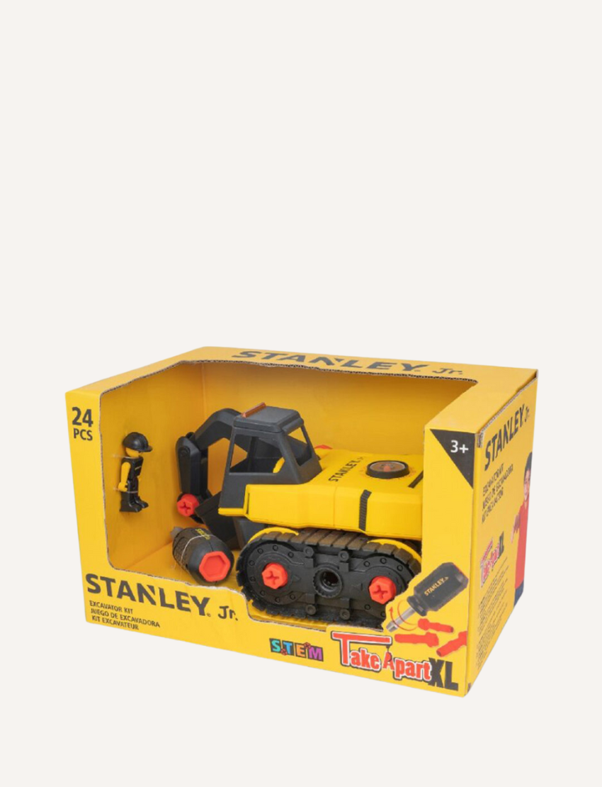 A Stanley Jr. Take Apart Construction Vehicles dump truck toy in yellow and black comes in a yellow box. The 23-piece set is ideal for young builders aged 3 and up.