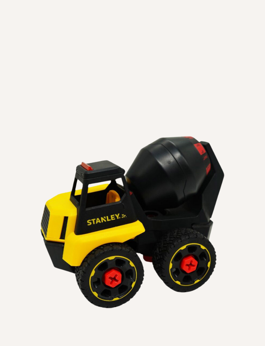 A Stanley Jr. Take Apart Construction Vehicles dump truck toy in yellow and black comes in a yellow box. The 23-piece set is ideal for young builders aged 3 and up.
