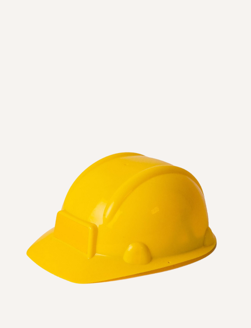 Bright yellow child-sized construction hard hat with a visor and adjustable strap for playtime safety.