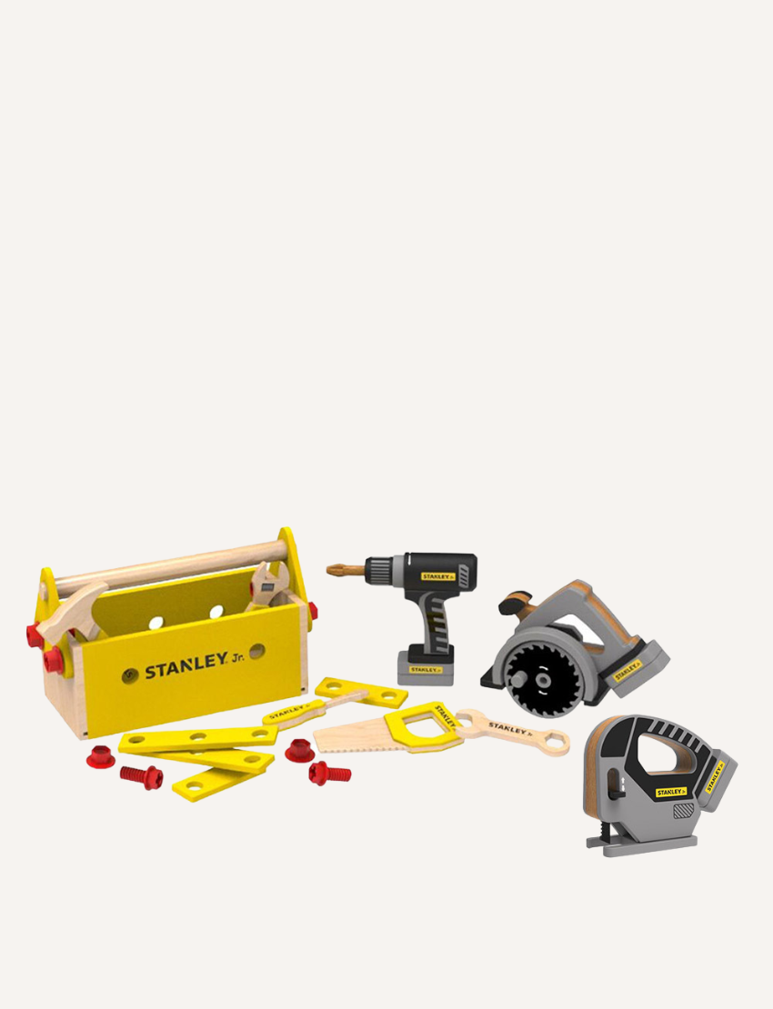 Stanley Jr. wooden tool set with toolbox, drill, jigsaw, circular saw, and saw.