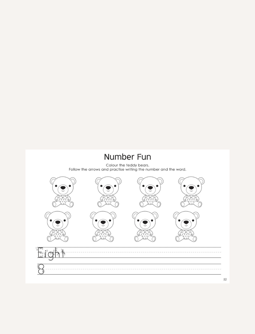 A worksheet in the "Little Genius Vol. 2 - Mega Activity Pad Kindergarten" by Lake Press features an activity called "Number Fun," where children can color teddy bears while following arrows and practicing writing the number and word "Eight." The page includes eight teddy bear illustrations along with lines for writing both the numeral "8" and the word "Eight.