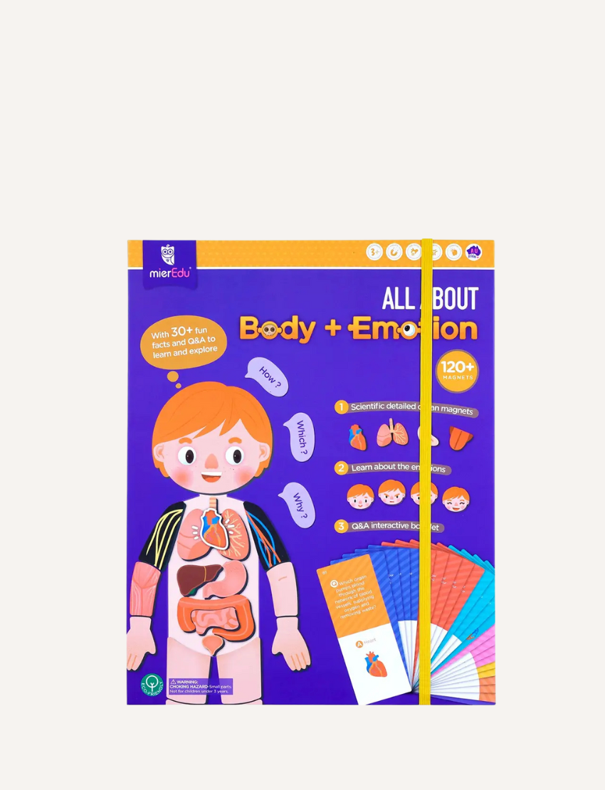 The "All About My Body + Emotion" box set by mierEdu features educational content on the human body and emotions, with a cartoon child's body showcasing visible organs and various learning components.