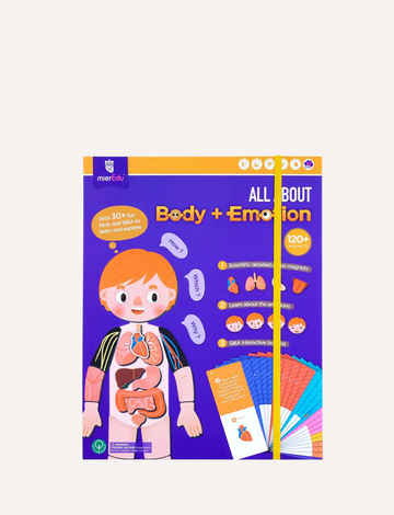 The educational board game box, "All About My Body + Emotion" by mierEdu, comes in a purple and orange design. It features illustrations of human anatomy and emotions, includes over 120 pieces, and is designed to teach children aged 4 and up about the human body and emotions.