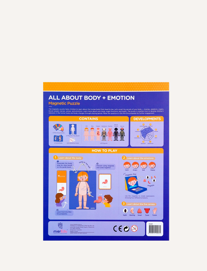 The educational board game box, "All About My Body + Emotion" by mierEdu, comes in a purple and orange design. It features illustrations of human anatomy and emotions, includes over 120 pieces, and is designed to teach children aged 4 and up about the human body and emotions.