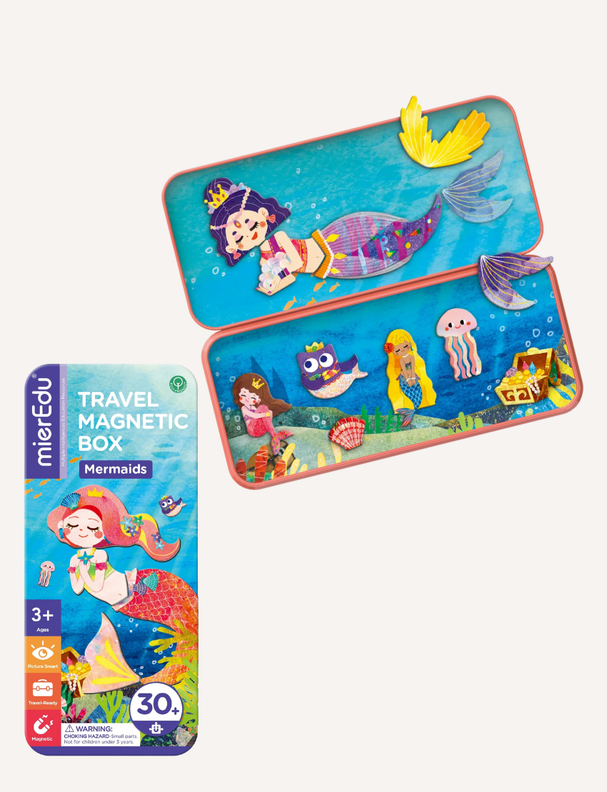 Four vibrant travel magnetic boxes by mierEdu showcase children's themes: Aircraft, Trucks, Cars, and Music Party. These colorful boxes include engaging themed magnetic pieces and are suitable for ages 3 and up.