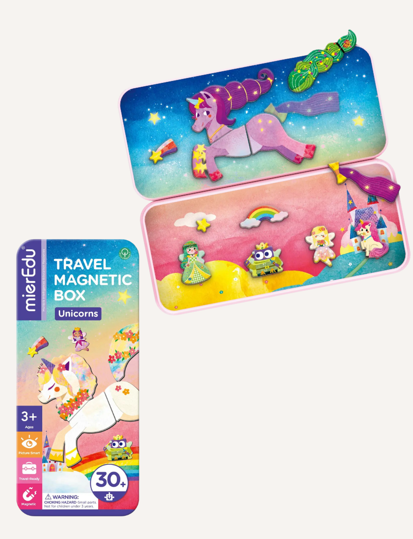 Four vibrant travel magnetic boxes by mierEdu showcase children's themes: Aircraft, Trucks, Cars, and Music Party. These colorful boxes include engaging themed magnetic pieces and are suitable for ages 3 and up.