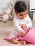 The Playground 8-Piece Bucket & Spade Set features a BPA-free silicone brown bucket, spade, five animal molds (cloud, rainbow, crab, shell, turtle), and a starfish mold. A white drawstring bag is included for easy storage—perfect for sandcastle crafting!.