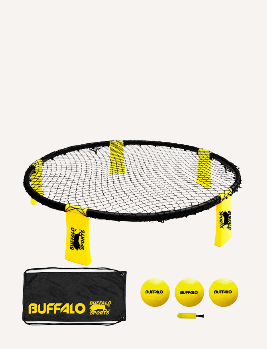 The Turbo Slam Ball by Buffalo Sports features a round net setup with a black frame and four yellow support straps, making it ideal for an exciting game indoors or outdoors. It comes with three yellow balls and a hand pump, all conveniently stored in a black carrying case adorned with the yellow "Buffalo Sports" logo for easy portability.