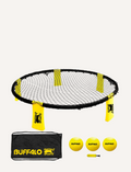 The Turbo Slam Ball by Buffalo Sports features a round net setup with a black frame and four yellow support straps, making it ideal for an exciting game indoors or outdoors. It comes with three yellow balls and a hand pump, all conveniently stored in a black carrying case adorned with the yellow 