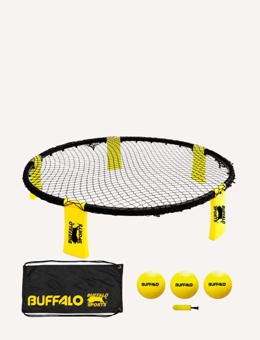 Complete Buffalo Sports Turbo Slam Ball set with black rebound net, three yellow balls, pump, and carry bag for outdoor fun.