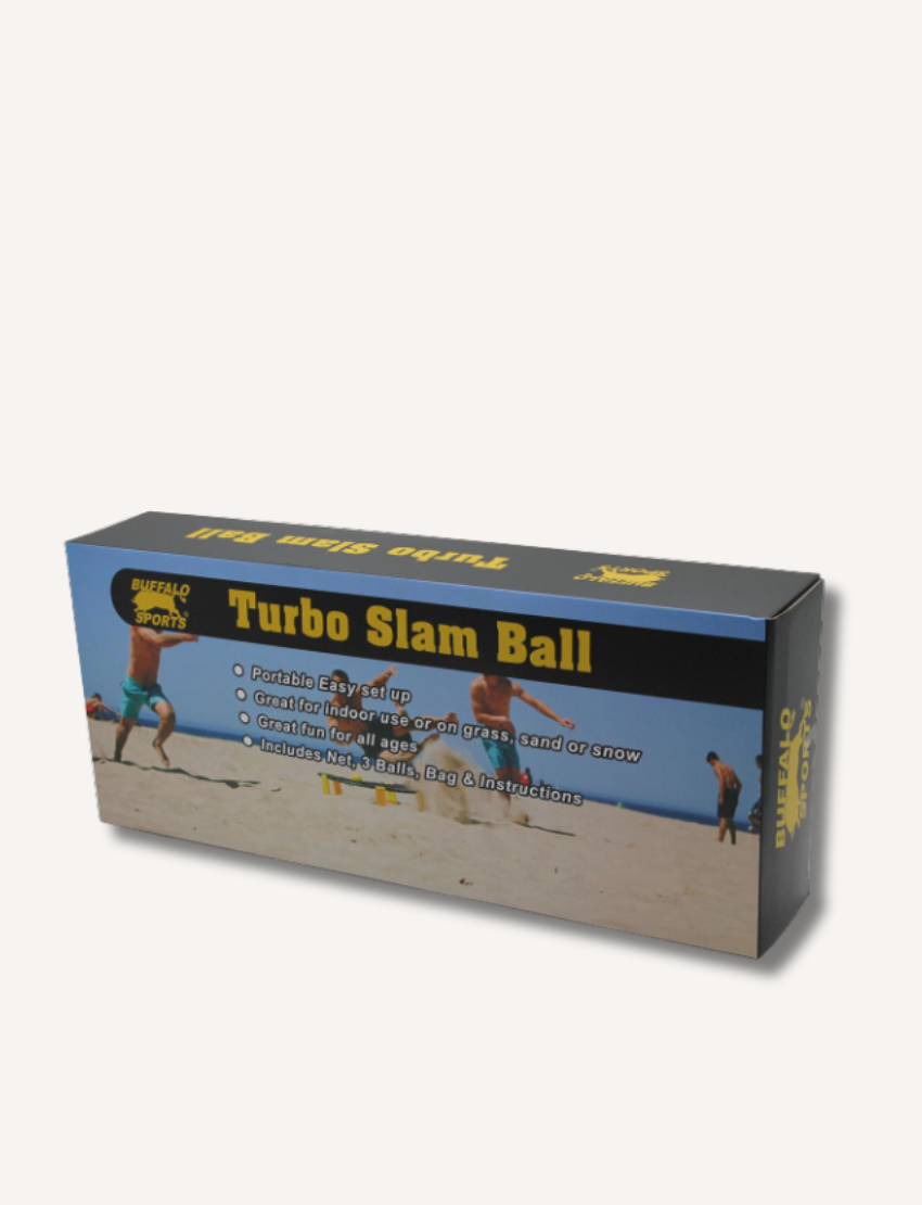 The Turbo Slam Ball by Buffalo Sports features a round net setup with a black frame and four yellow support straps, making it ideal for an exciting game indoors or outdoors. It comes with three yellow balls and a hand pump, all conveniently stored in a black carrying case adorned with the yellow "Buffalo Sports" logo for easy portability.