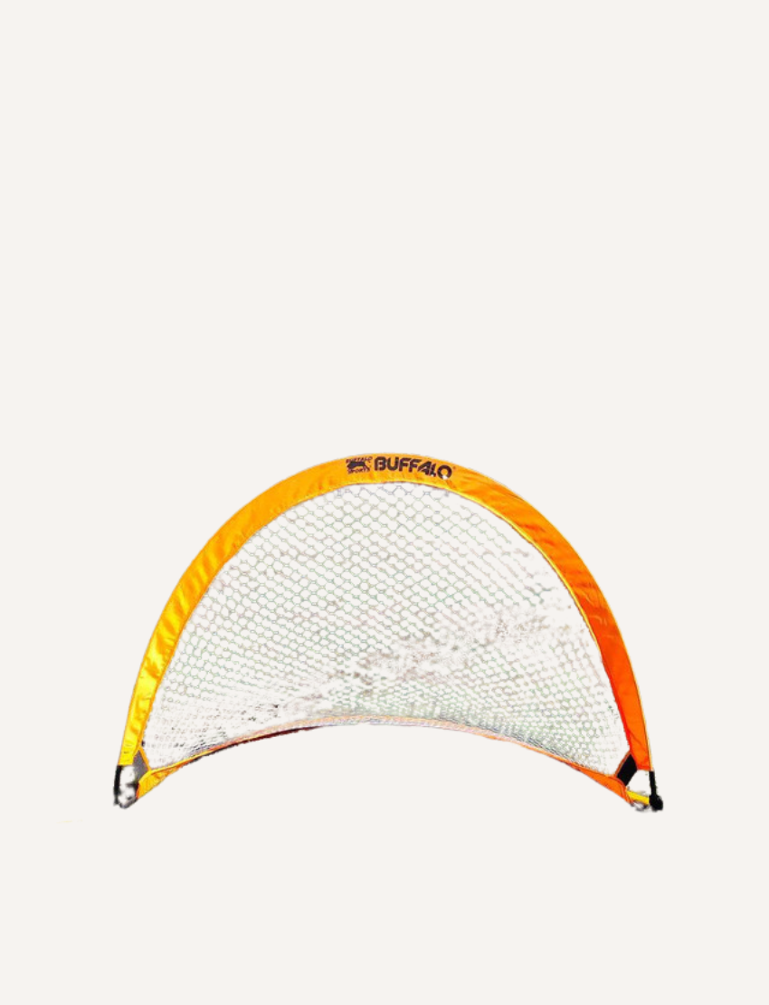 Introducing the Pop Up Goals from Buffalo Sports, ideal for outdoor play and skill development. This small, portable goal features an orange and yellow frame with a complementary white net, proudly showcasing the "Buffalo Sports" brand on top against a clean, white backdrop.