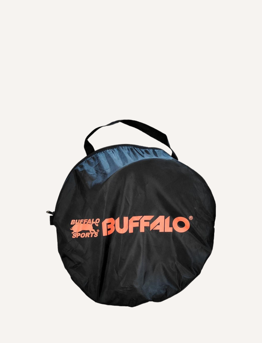 Introducing the Pop Up Goals from Buffalo Sports, ideal for outdoor play and skill development. This small, portable goal features an orange and yellow frame with a complementary white net, proudly showcasing the "Buffalo Sports" brand on top against a clean, white backdrop.