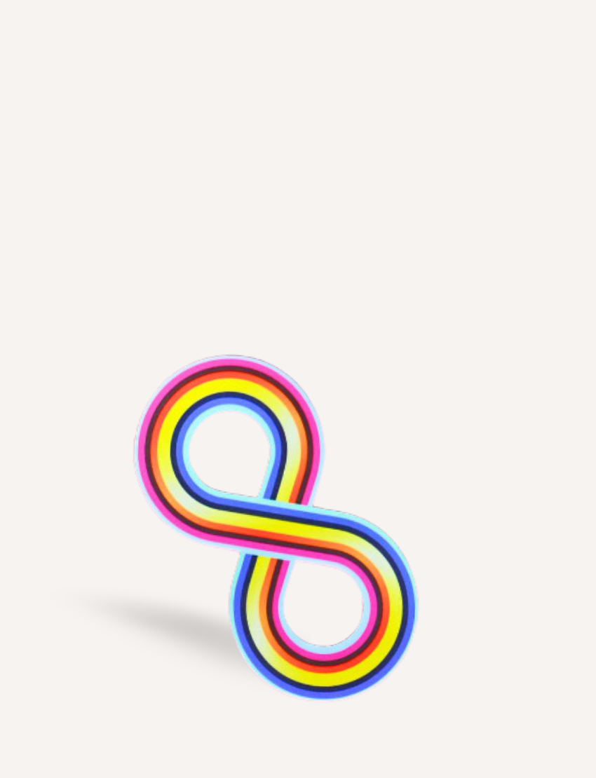 A single, colorful infinity loop sticker with a retro, rainbow design.