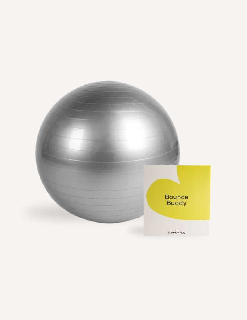 A green box is open, revealing a yellow scooter board, a silver exercise ball, and a set of purple and white "Inchworm" Core Strength Cards, all part of The Play Way's ultimate Core Strength Kit.