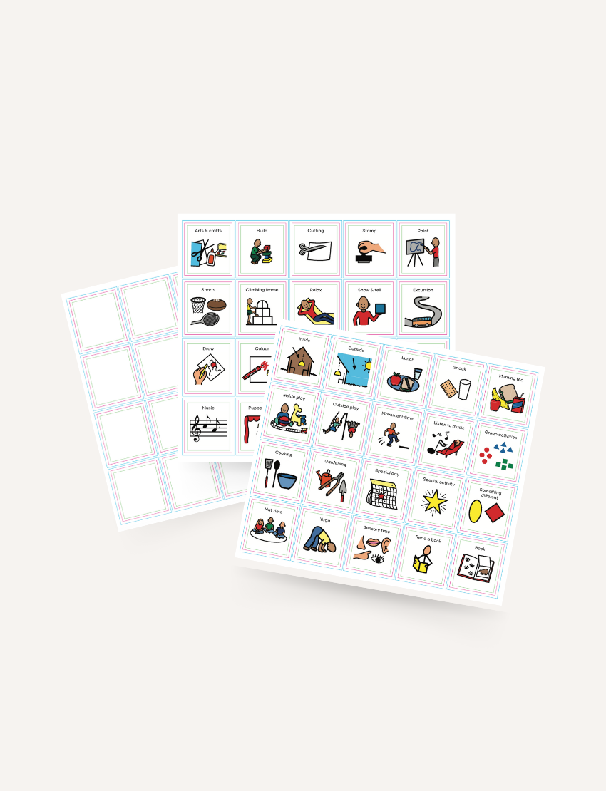 The Kinder Routine Magnet Set by Sensory Play Australia includes three sheets of illustrated activity cards that display images and text depicting actions like playing, eating, and exercising. Additionally, there's a blank template for creating extra cards.